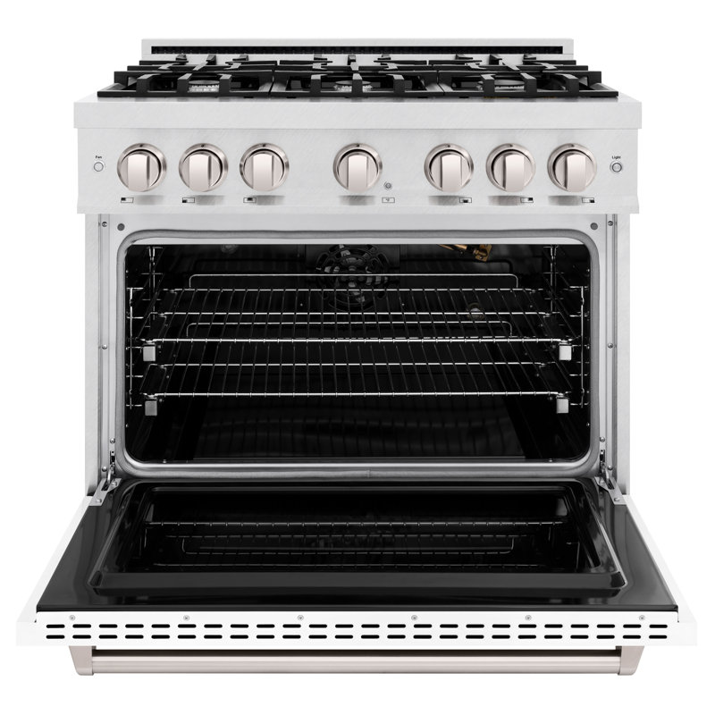 ZLINE 36" Classic DuraSnow Gas Range w/ 6 Burners & Convection Oven w/ Black Door, Stainless Steel/White