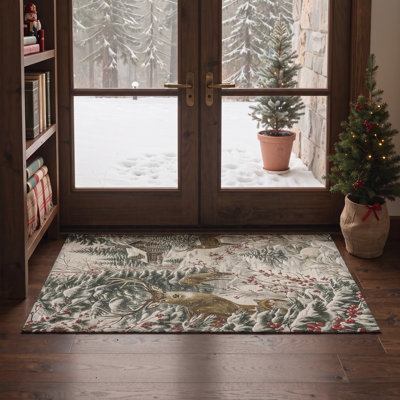 Tapis de salon lavable à poils ras, motif animaux de Noël : cerfs et chalet enneigés, gris et vert