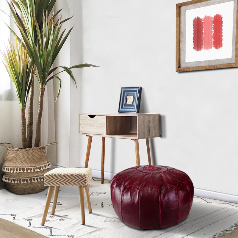 Leather Pouf, Garnet Red Genuine Leather