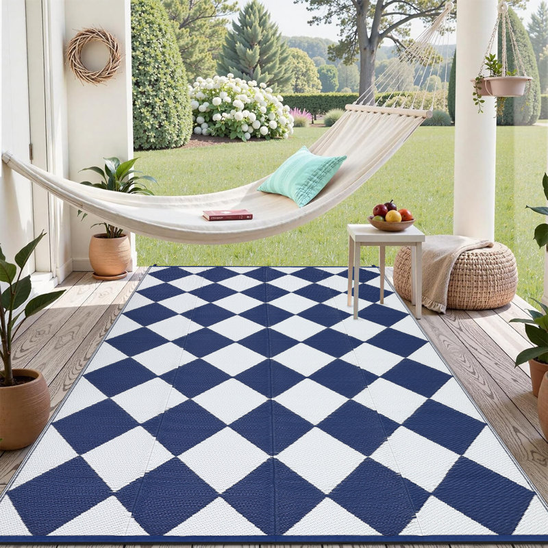 Outdoor Rug Plastic Reversible Rug Waterproof Patio Rug for Outdoor Camping Deck Beach RV Porch Patio and Backyard Dark Blue/White 8*10