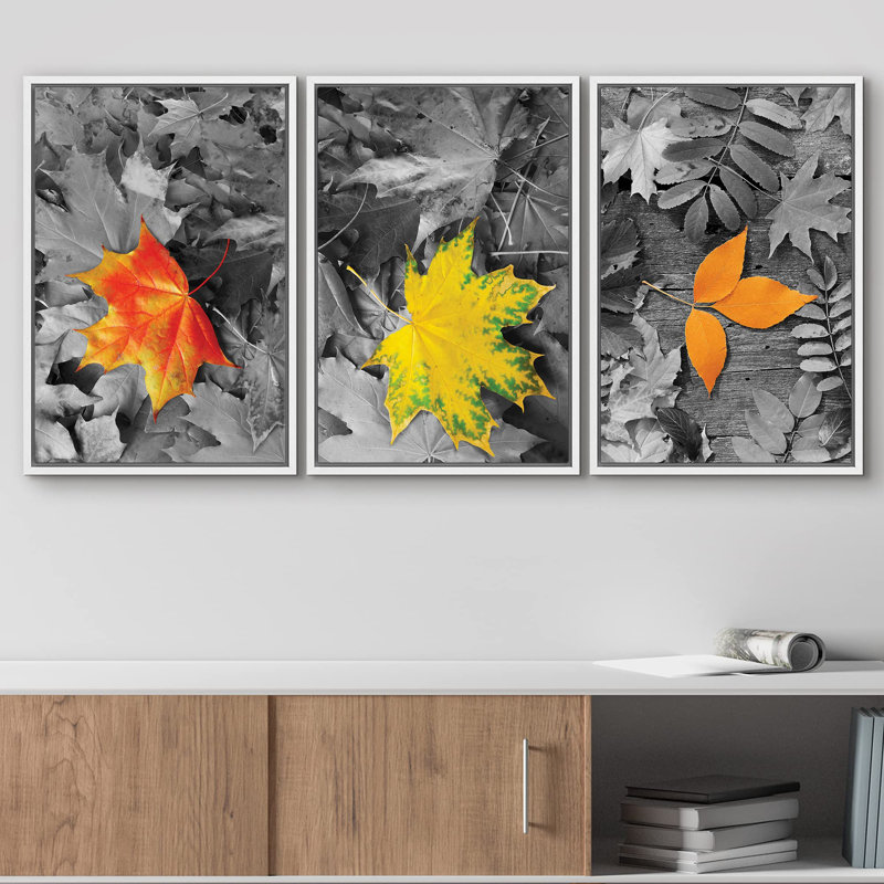 Décoration murale d'automne à feuilles jaunes et orange, H 36 po x l 72 po, Cadre flottant blanc