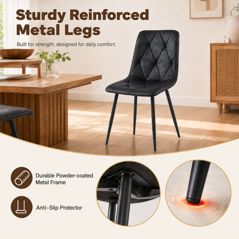 Diamond Tufted Side Chairs, Dining Chairs With Black Metal Legs, Black, 4
