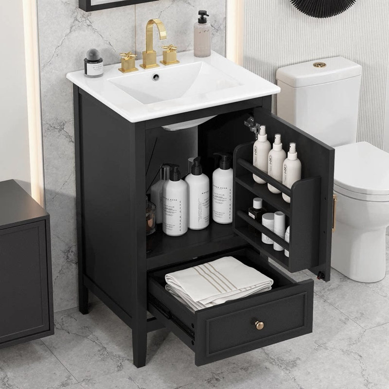 20" Compact Bathroom Vanity with Semilune Ceramic Sink – Soft-Close Magnetic Door with Shelf, Drawer & Adjustable Foot Pads, Solid Wood Frame for Small Bathrooms or Powder Rooms