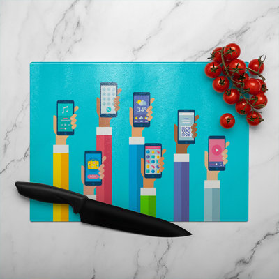 Hands Holding Smart Phones Glass Chopping Board