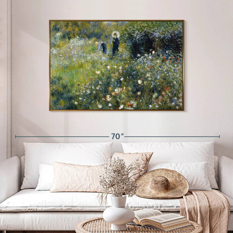 Femme avec un parasol dans un jardin, 46 po x 31 po, Cadre flottant doré