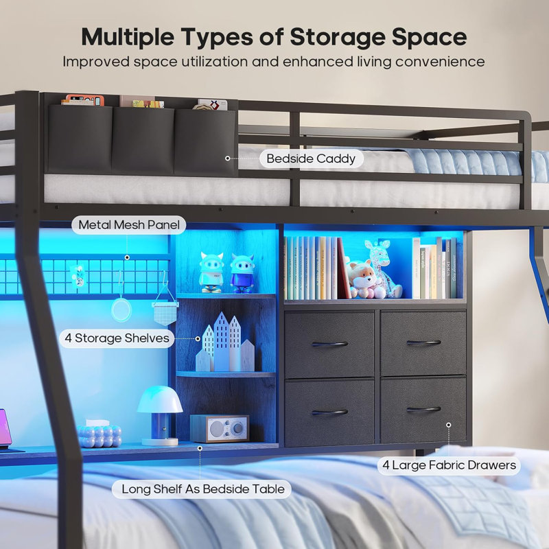 Bed  With 4 Storage Drawers & Shelves & Bedside Caddy, Twin  Beds With Charging Station & Led Lights, Metal Bed With Safety Guardrail & Angled Ladder