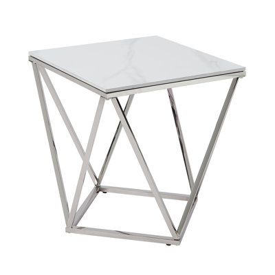 Modern White Sintered Stone Top End Table With Stainless Steel Frame