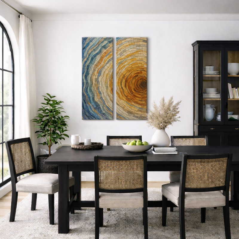 Décoration moderne abstraite géométrique à vagues concentriques bleu et or – Ensemble de 2 impressions sur toile encadrées 32 po x 12 po x 2 po