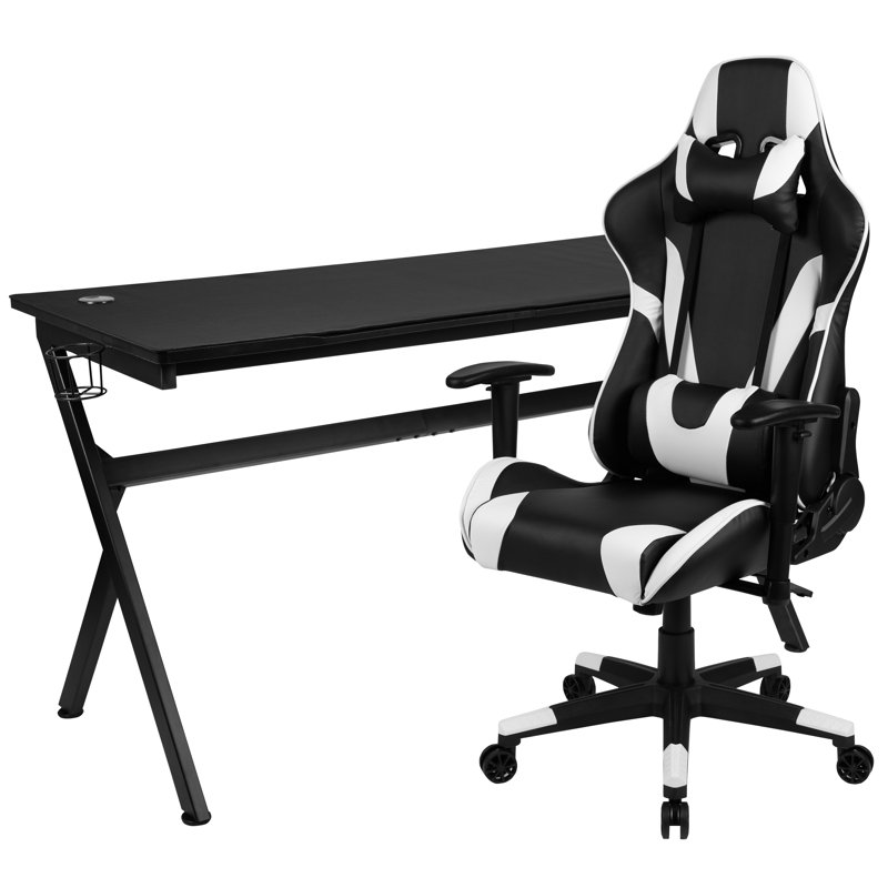 Gaming Desk and Reclining Gaming Chair Set with Cup Holder, Headphone Hook & Removable Mouse Pad Top, Black