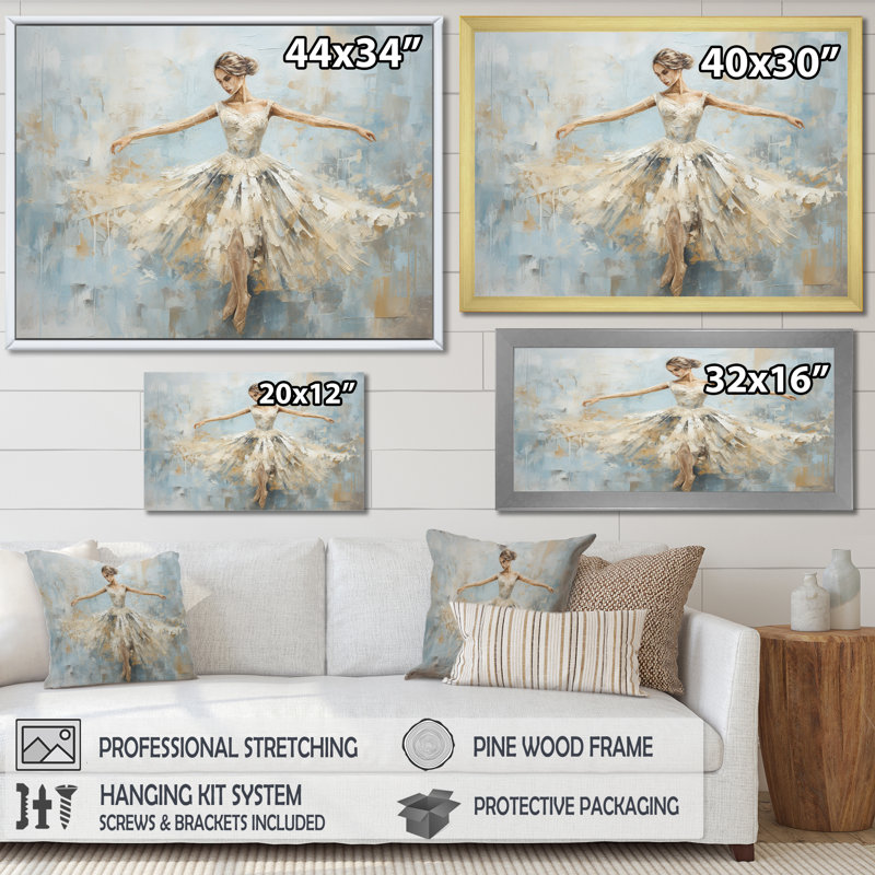 Beige doré minimalisme ballerine - ballet, art mural, H 12 po x l 20 po x P 1 po, Cadre blanc