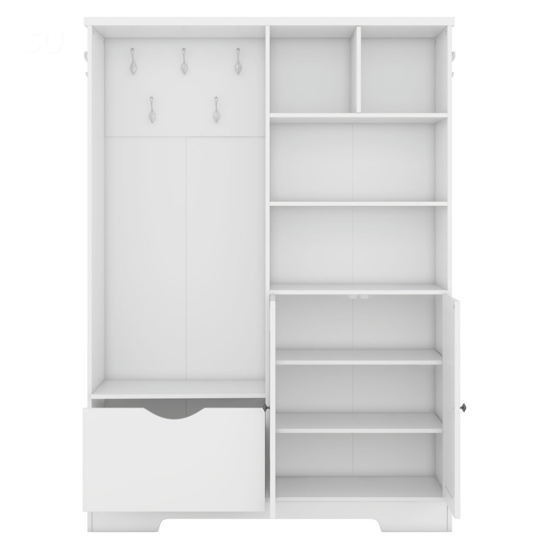 Portemanteau multifonctionnel avec armoire à chaussures, tiroirs, tablettes et banc, portemanteau moderne avec crochets pour le vestibule, le couloir, le vestibule, le vestibule