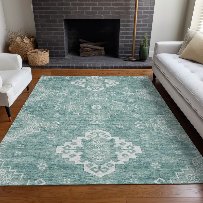 Tapis turquoise Prisco lavable à la machine de qualité supérieure, Rectangulaire 8 pi x 10 pi