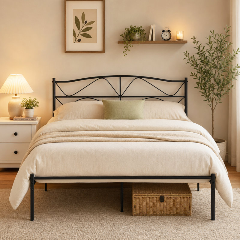 Metal Bed Frame with Headboard Heavy Duty Strong Steel Slat Support Platform Queen Size Bed No Box Spring Needed, Easy Assembly, Black