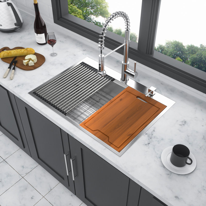 30 Drop Kitchen Sink, Kitchen Sink Drop-In Topmount Single Bowl 16 Gauge Stainless Steel Ledge Workstation Kitchen Sinks