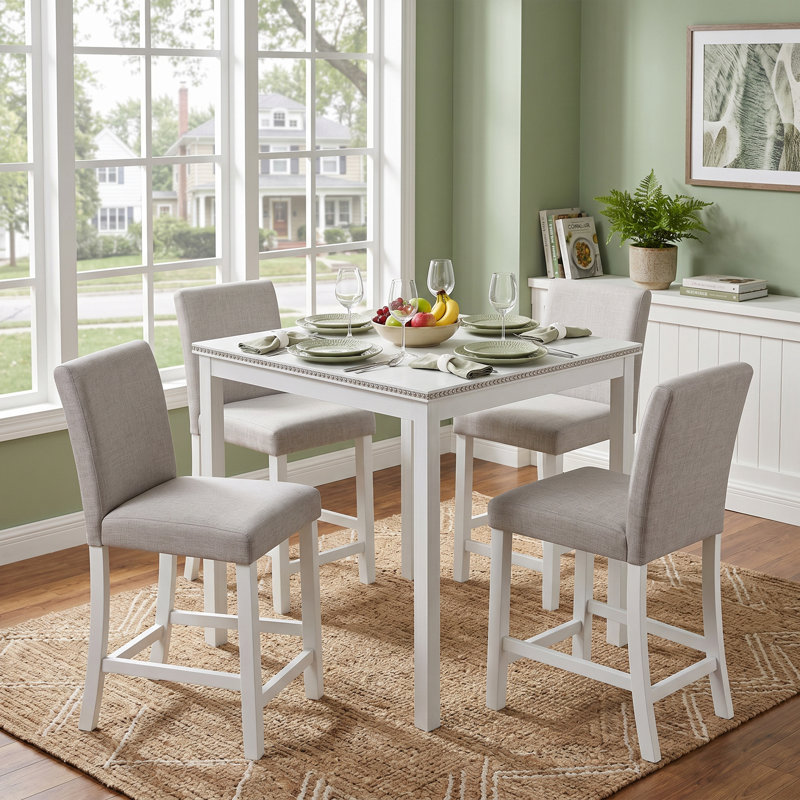 Ensemble de 5 pièces de table de cuisine en bois à hauteur de comptoir, de table carrée et 4 chaises rembourrées (blanc, cristal) et ensemble de chaises