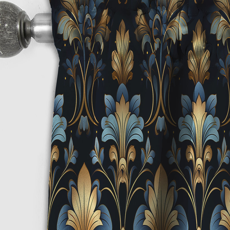 Motif damassé doré et bleu de luxe - Rideau Ikat - Rideau occultant en damas - 1 panneau, L 52 po x L 84 po