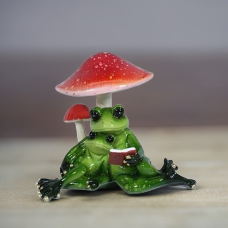 5"W Frogs Reading under Mushroom Figurine