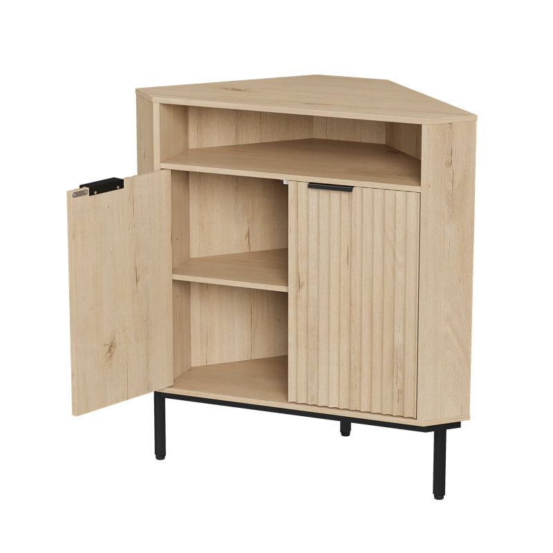 Modern 36" Fluted Corner Cabinet With Doors,Small Space Storage Solution With Adjustable Shelf & Metal Legs For Living Room, Bathroom