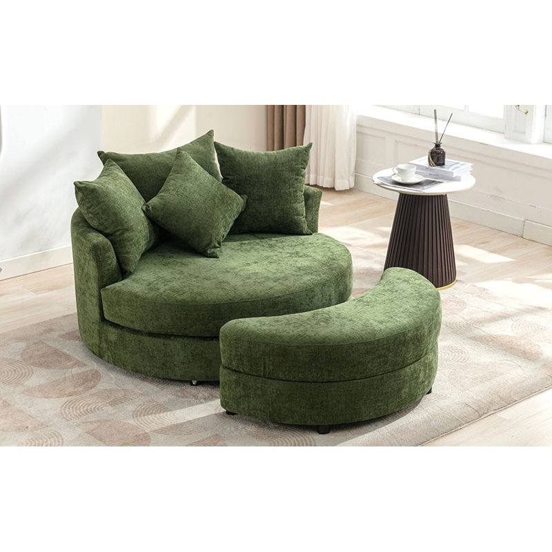 Fauteuil demi-tonneau pivotant avec repose-pieds et coussins de rangement, Chenille verte