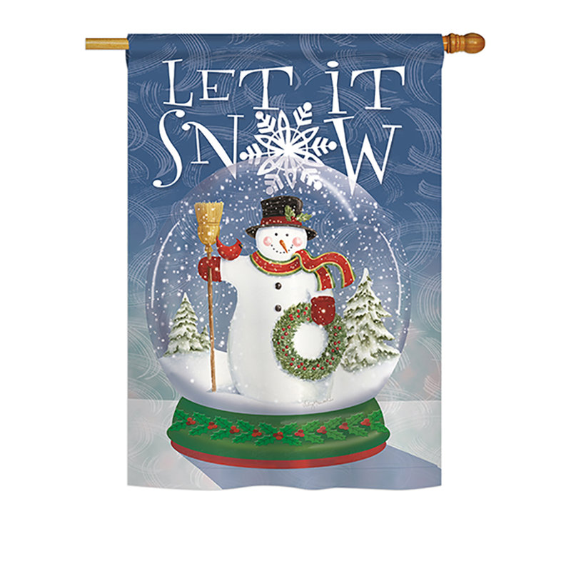 Drapeau de maison en polyester à 2 côtés snow globe bonhomme de neige, H 40 po x l 28 po