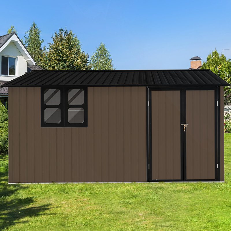 Remise de jardin en métal, remise avec fenêtre, tablettes pour l'extérieur, Brun