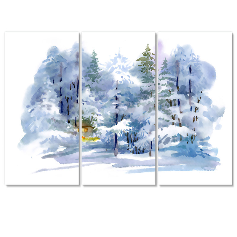 «Winter Forest Snowy Landscape», peinture sur toile tendue 3 pièces, H 32 po x l 48 po x P 1 po