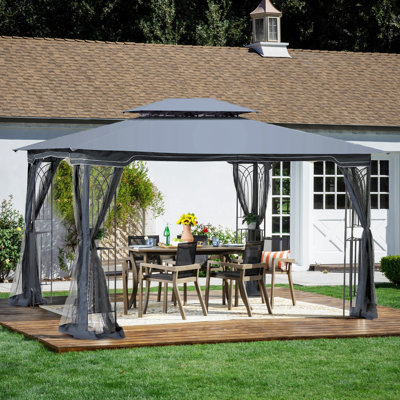 Tente de pavillon 13 x 10 avec abri de jardin extérieur avec double toit ventilé et moustiquaire (moustiquaire amovible sur tous les côtés), convient à la pelouse, au jardin, à la cour et à la terrasse, au dessus gris
