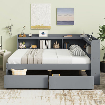 L-shaped Bookcases Bed with Power Outlets, USB Charging Ports,Two Drawers