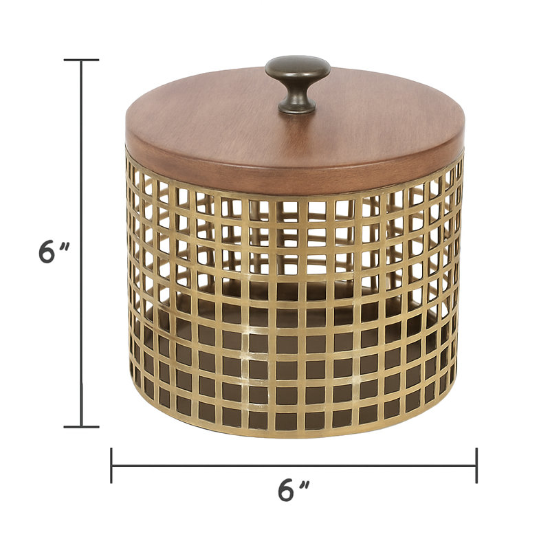 Bronze Cylindrical Metal Decorative Box with Wooden Lid