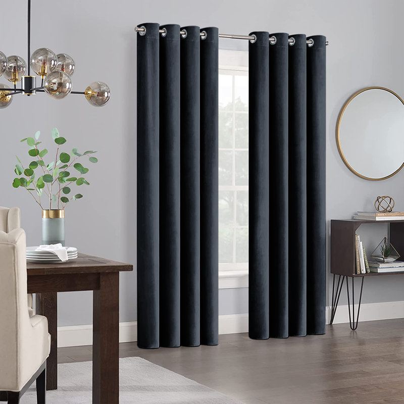 Panola Crushed Velvet Eyelet Sheer Curtains, Black, 228 W x 228 D cm