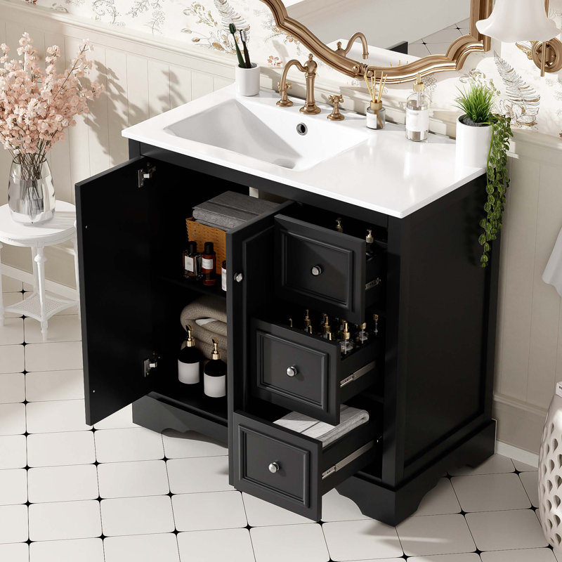 Meuble-lavabo transitionnel 36 po avec lavabo en céramique de 36 po - Comprend 2 portes à fermeture en douceur, une tablette réglable en forme de U, 3 tiroirs (dont un avec séparateur), une finition peinte et un grand espace de rangement