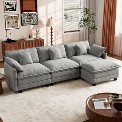 George 111.5" Modern 4 Seat Chenille L Shaped Modular Sectional Sofa With Ottoman