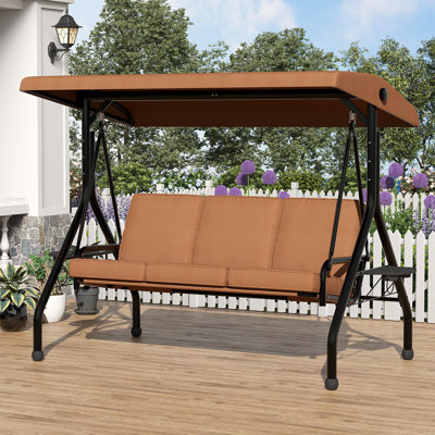 2 Seat Outdoor Porch Swing with Stand, Patio Swing with Adjustable Canopy, Thickened Removable Cushions & Cup Holders