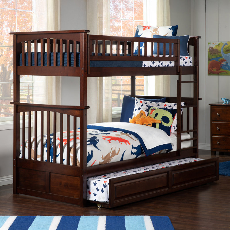Flinn Kids Bunk Bed with Trundle, Walnut, Twin over Twin