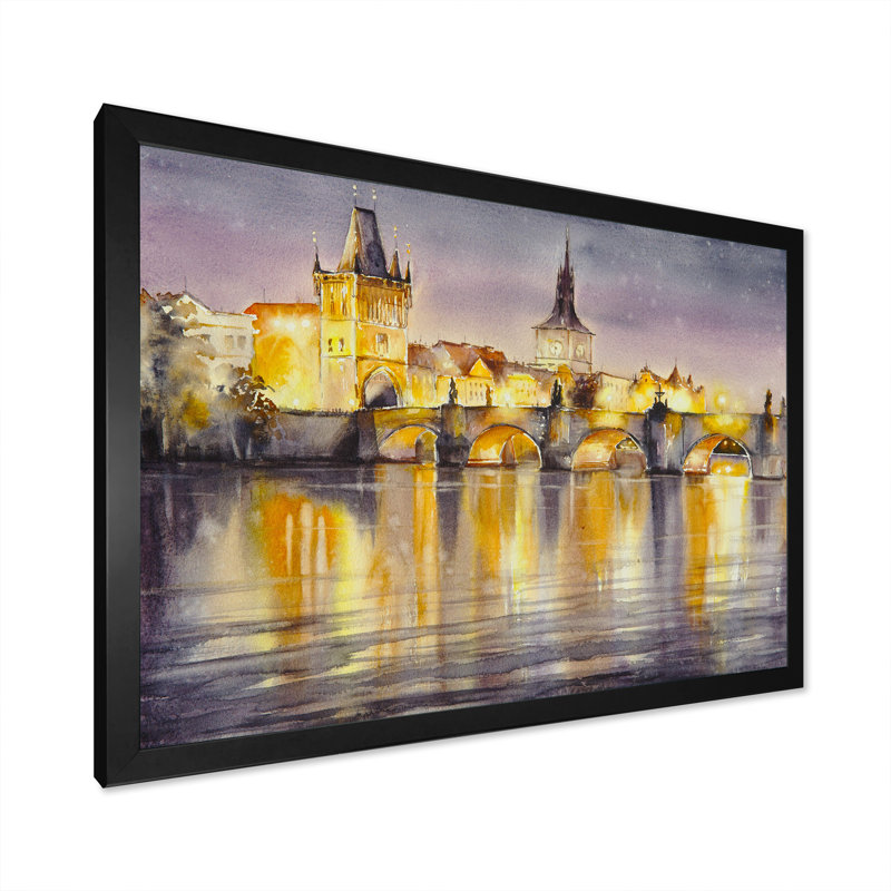 Charles Bridge In Night Lights - reproduction d'art sur toile, Cadre noir, H 8 po x l 12 po x P 1 po