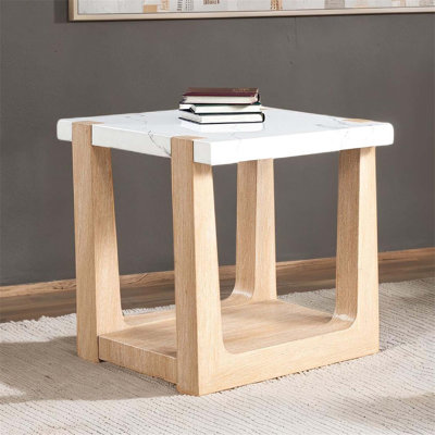 Élégante table de bout en faux marbre avec design bicolore, parfaite pour rehausser le décor et la fonctionnalité du salon moderne