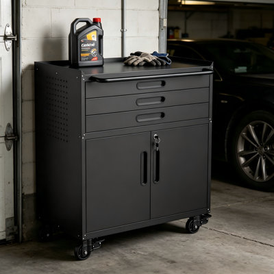 Armoire à outils roulante en métal 34,3 po, rangement de garage robuste avec portes verrouillables et 3 tiroirs, organisateur d'établi mobile pour le garage, l'atelier et la maison