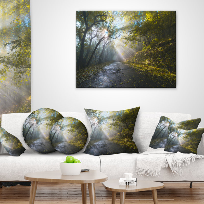 Road in Autumn Forest at Sunset - Coussin imprimé paysage, 16 po x 16 po, Coussin décoratif