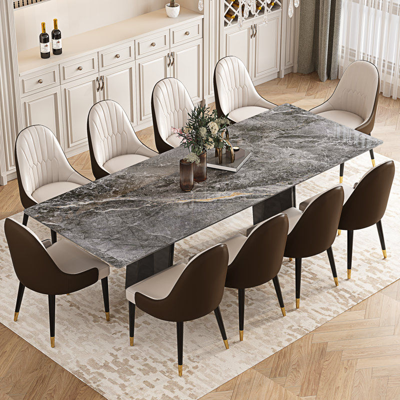 Table de salle à manger rectangulaire extensible en pierre frittée, de 160 à 240 cm, pour 8 à 10 personnes, avec double pied central en métal.