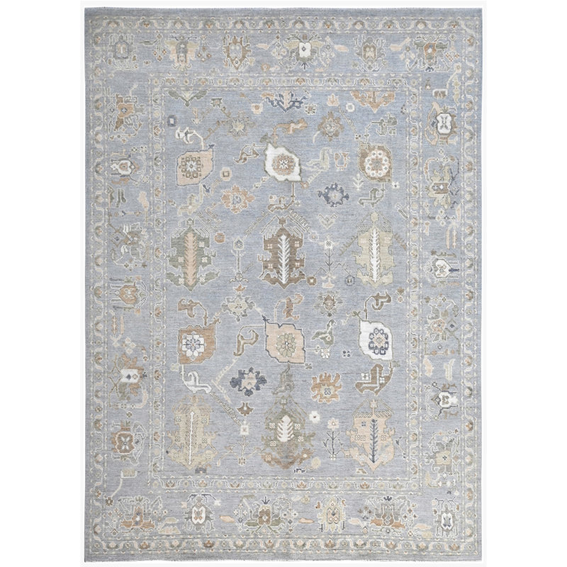 Tapis argenté et bleu noué à la main de haute qualité, Rectangle 9 pi 5 po x 12 pi