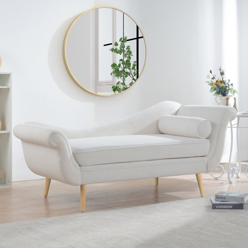 Chaise longue moderne avec accoudoirs à volutes, Bois naturel, Blanc