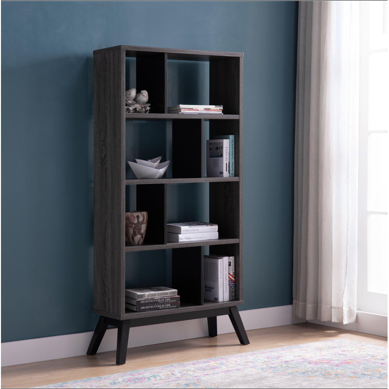 Mid-Century Modern 4 Tier Bookcase, Distressed Grey Bookshelf Display Storage