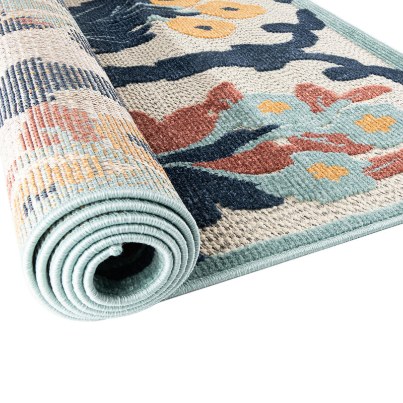 Tapis d'extérieur couleur ivoire / bleu marine Askersund, Rectangle 7 pi x 10 pi