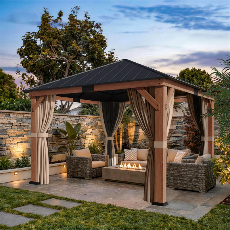 Hadley 12 Ft.X 12 Ft.Outdoor Patio Premium Cedar Wood Frame Gazebo With Mosquito Netting And Curtains, Galvanized Steel Hardtop Single Roof Pavilion