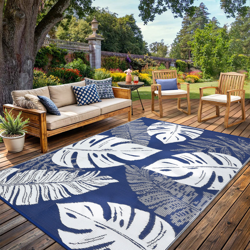 Outdoor Rug Large Plastic Straw Rug, Waterproof Woven Patio Rug, UV-Resistant Reversible Mat, Tropical Leaf Outside Carpet for Backyard, RV