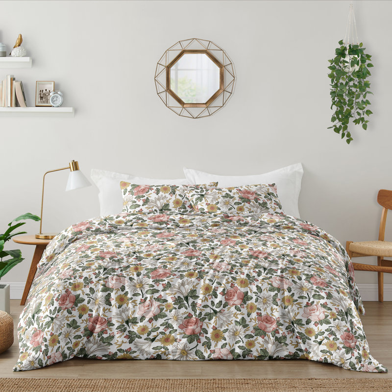 Pink and Green Floral Microfiber Full Bedding Set