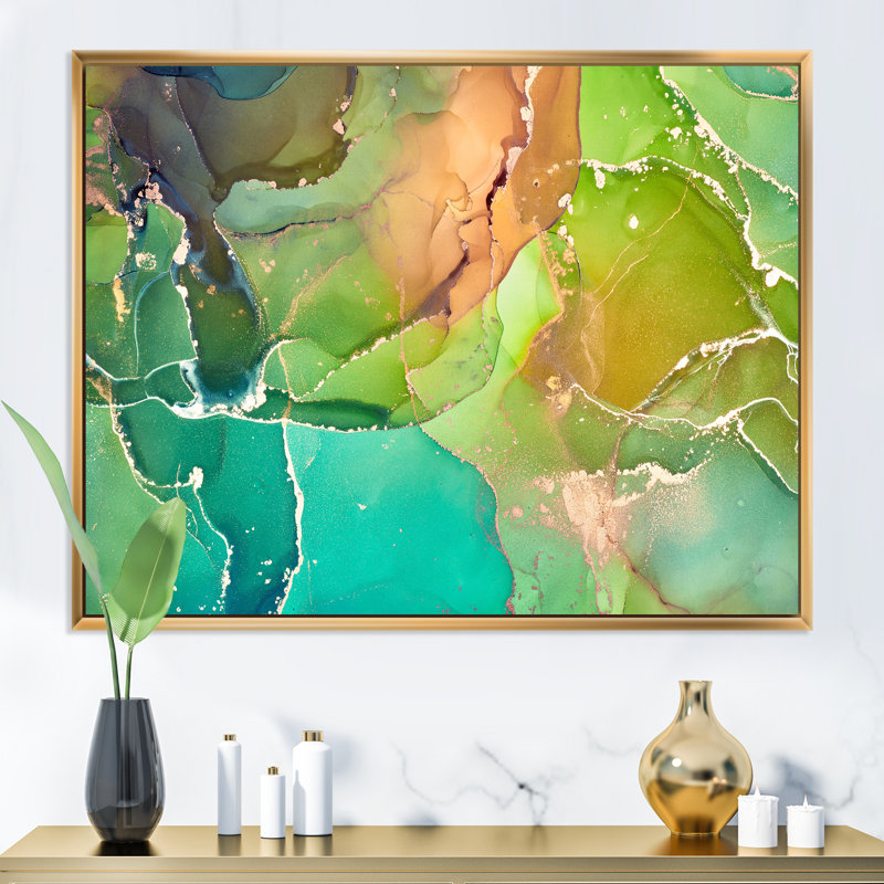 Marbre abstrait vert et turquoise - reproduction sur toile, Cadre flottant doré, H 24 po x l 32 po