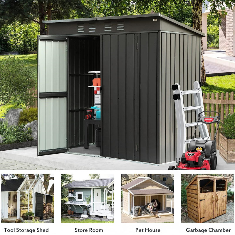 Black Metal Tool Storage With Sloping Roof & Double Doors - 6x4ft Backyard Shed Reinforced Structure 6x4ft,