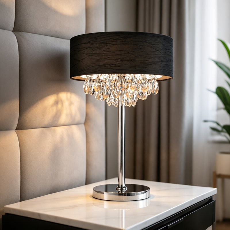 Manuel 14" Chrome Table Lamp – 3-Light Modern Glam Lamp with Black Drum Shade, Faceted Crystal Beads, and E26 Bulb Base – BACL Certified with 1-Year Warranty