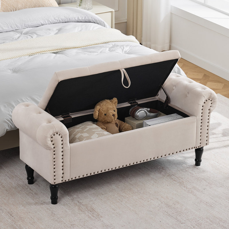 Banc de rangement 67 po Lunara, Velours beige, 67 po de largeur